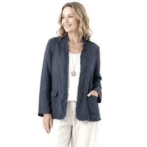 NT by Amati Italian Linen Blazer Open Front Fringe Trim Elbow Patch Dark Navy